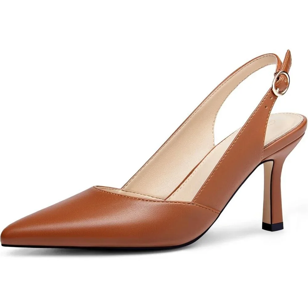 Women's Brown Leather Kitten Heels Closed Pointed Toe Wedding Party Dress Pumps